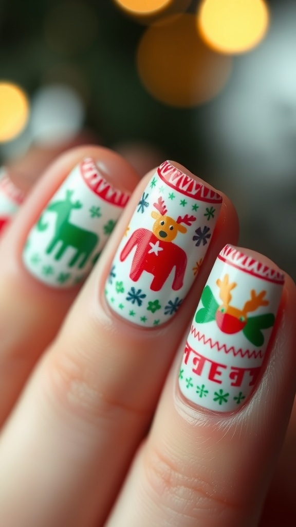 Close-up of Christmas jumper pattern nail art with festive designs.